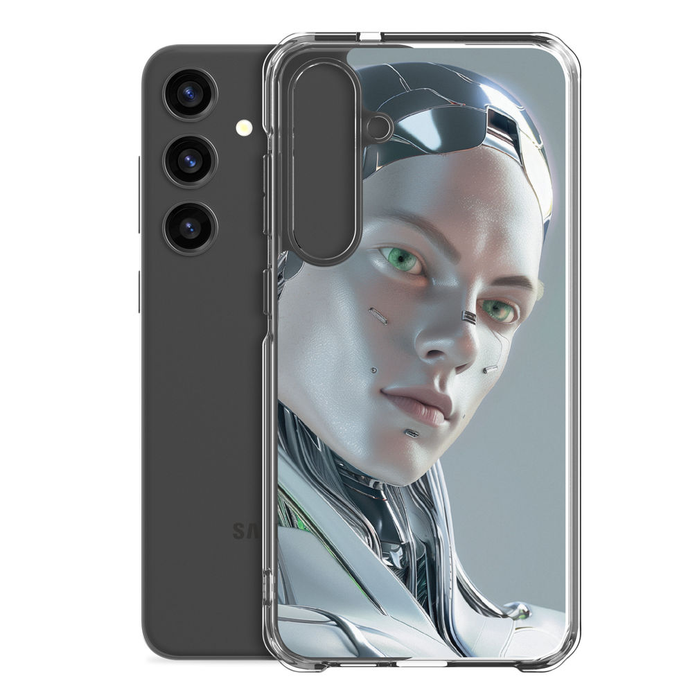 Cybernetic Elegance clear Samsung case with teal-grey futuristic background on a full back mockup