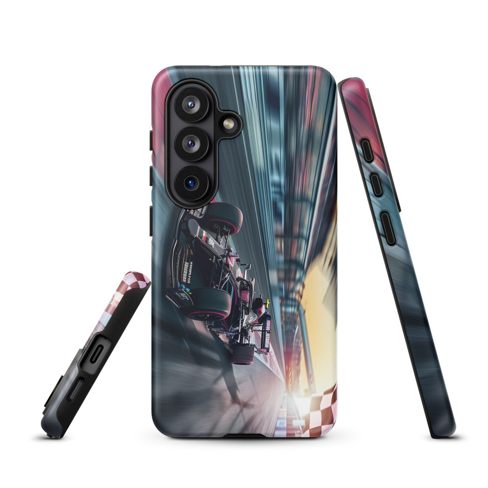 Final Lap Tough case for Galaxy S26, dark race car and blurred track artwork, rear and side views on white