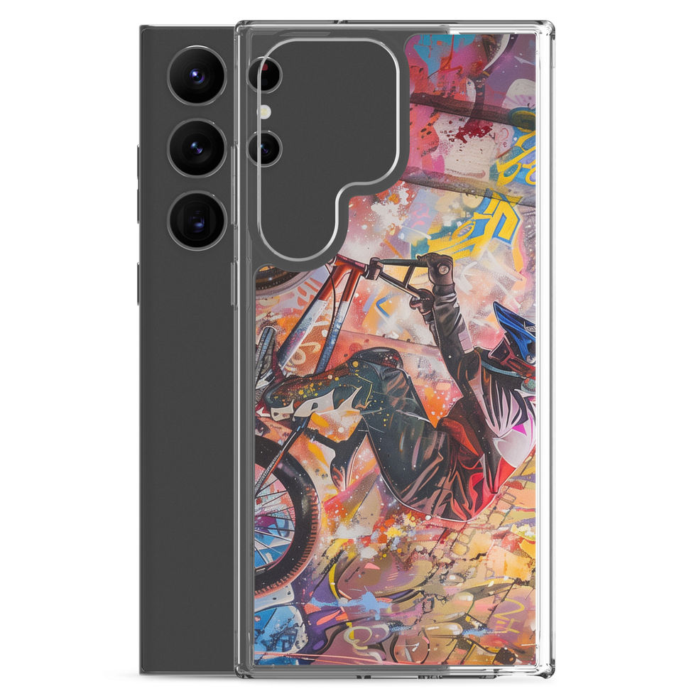 Graffiti Grind Clear case for Galaxy S23 Ultra, BMX rider amid pink and yellow graffiti, phone beside case on white