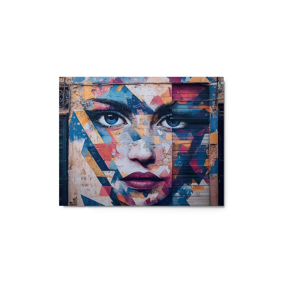 Fragmented Beauty metal print on white: a front-facing portrait crossed by angular painted strips