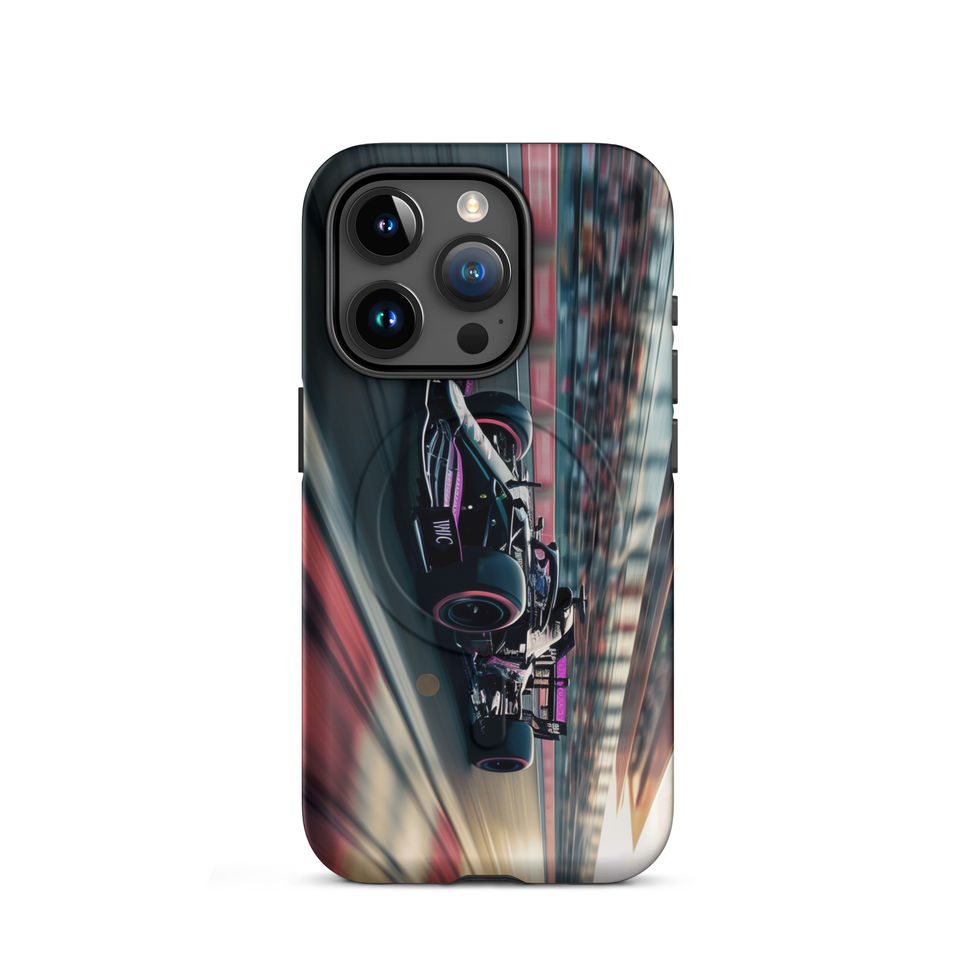 Black n Purple Power MagSafe Tough case for iPhone 15 Pro, black and purple race car artwork, rear view on white