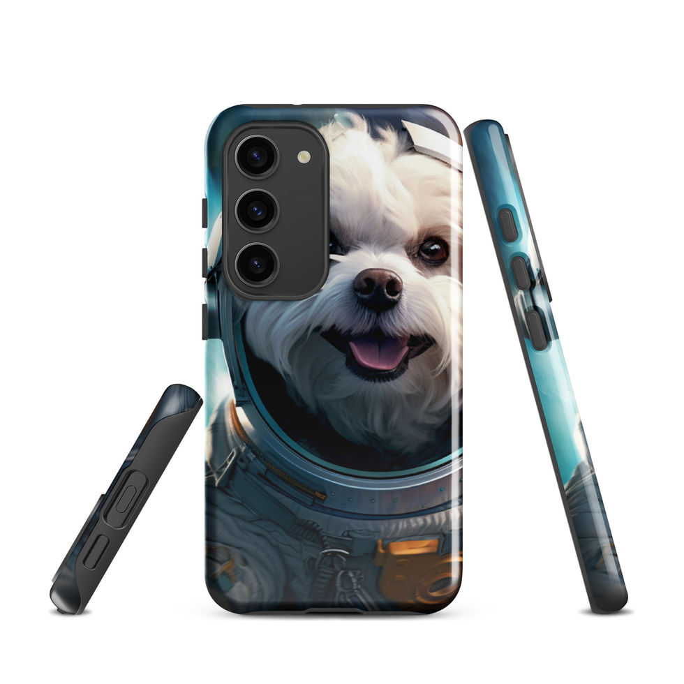Cosmo Pup galaxy dog Samsung tough case — button-side detail in studio mockup