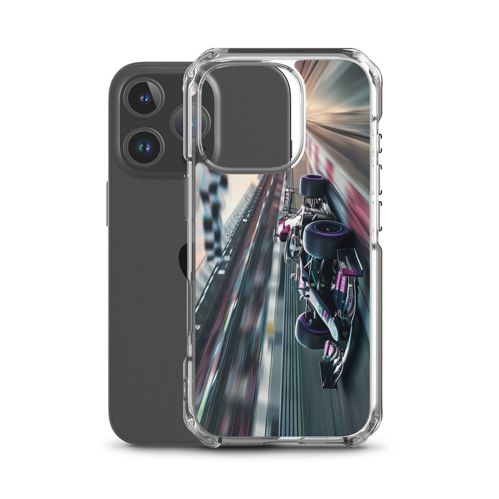 Midnight Velocity Clear case for iPhone 16 Pro, race car and night lights, rear view on white