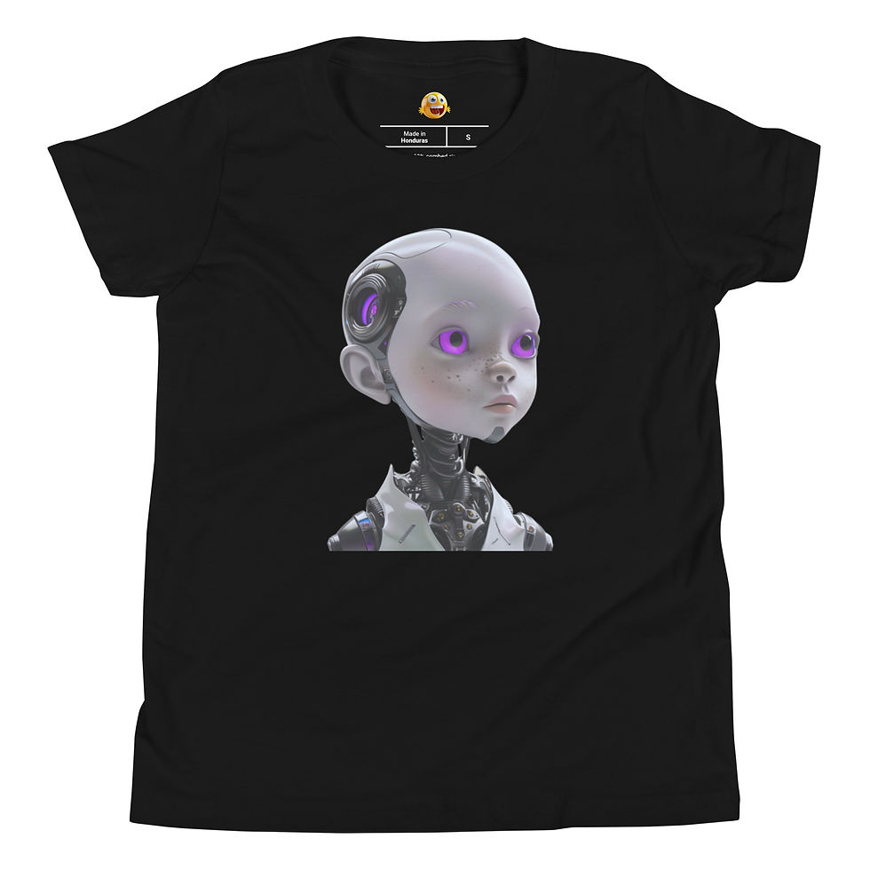 NeonSpark: black youth short-sleeve T-shirt with small silver robot with glowing purple eyes