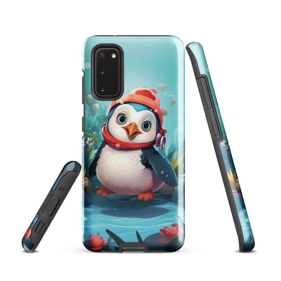 Aquatic penguin-mockup-02 showing Aqua Explorer artwork on a Samsung tough phone case