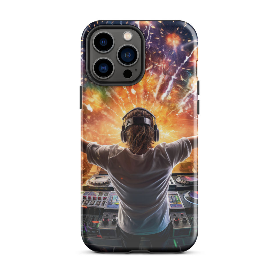 Neon DJ tough iPhone case showing a DJ at the mixing desk under bright orange and purple lights for iPhone 14