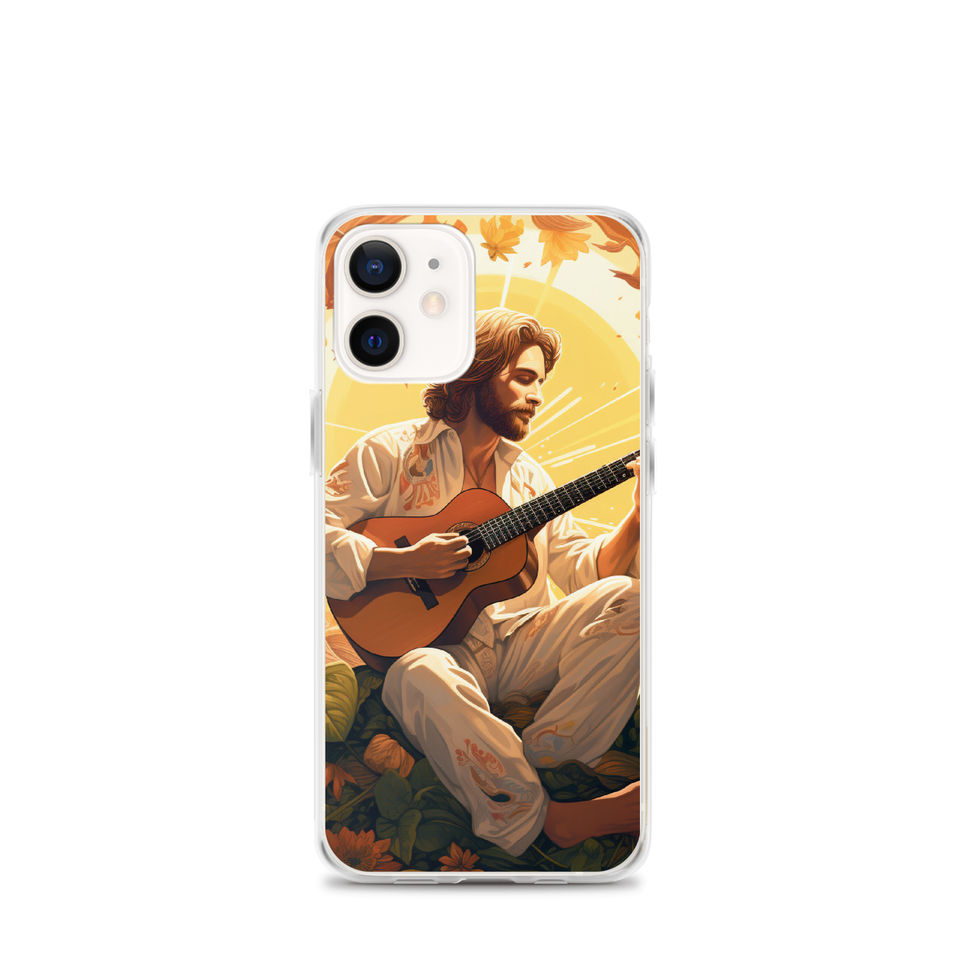 Golden Harmony clear iPhone case front view in a vinyl record display, featuring the luminous music and botanical artwork.