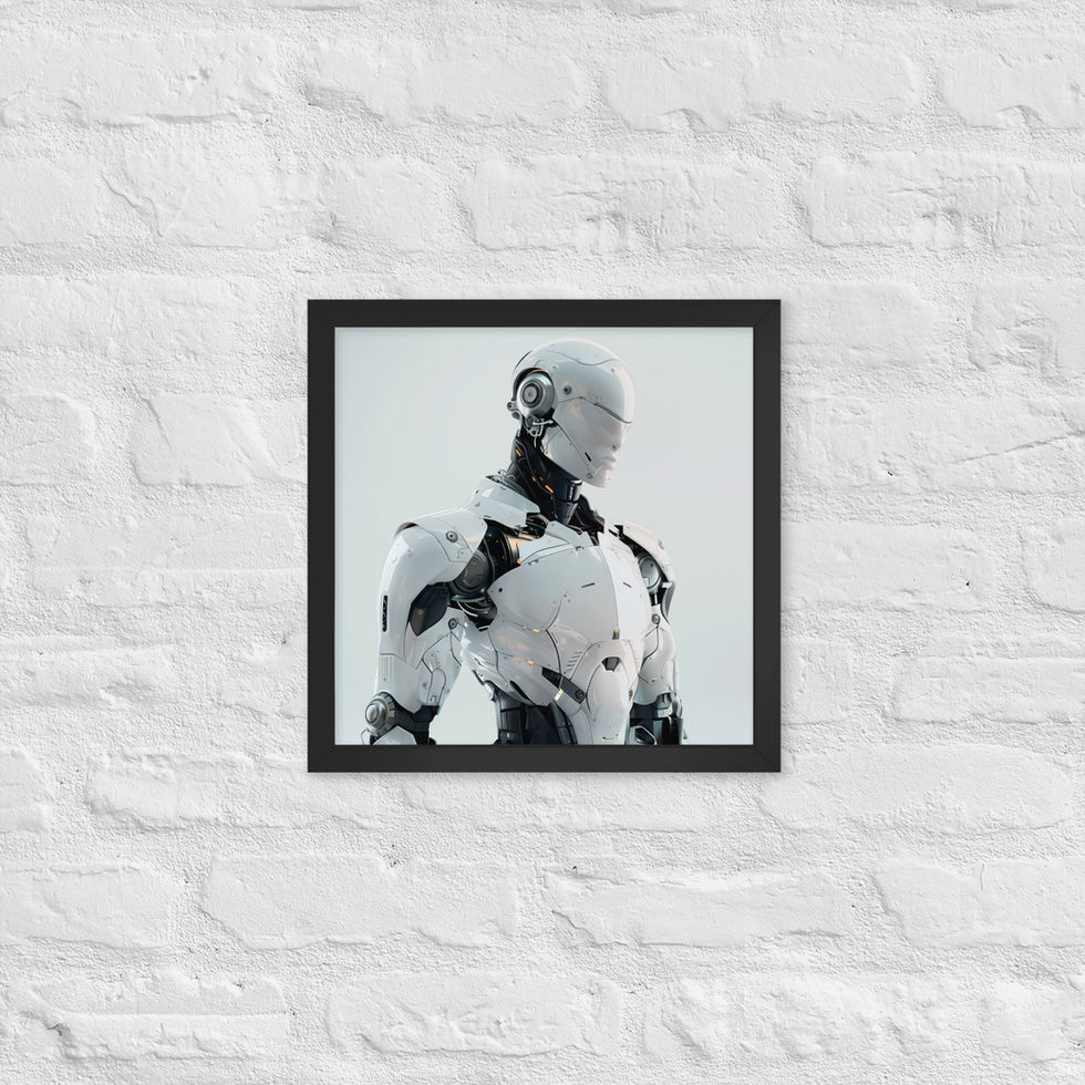 Future Sentinel framed poster: side-facing robotic head with a curved silver faceplate