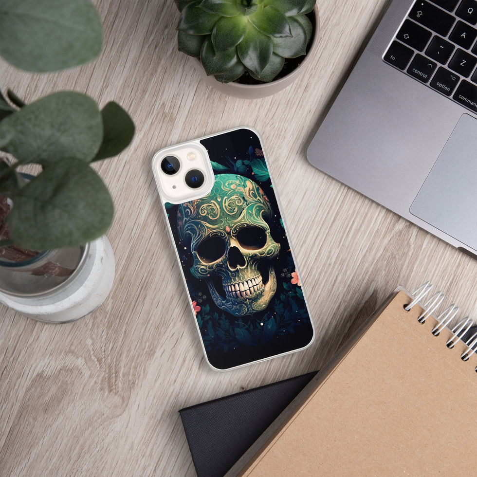 Emerald Requiem clear iPhone case showing gold-edged curves across the green skull