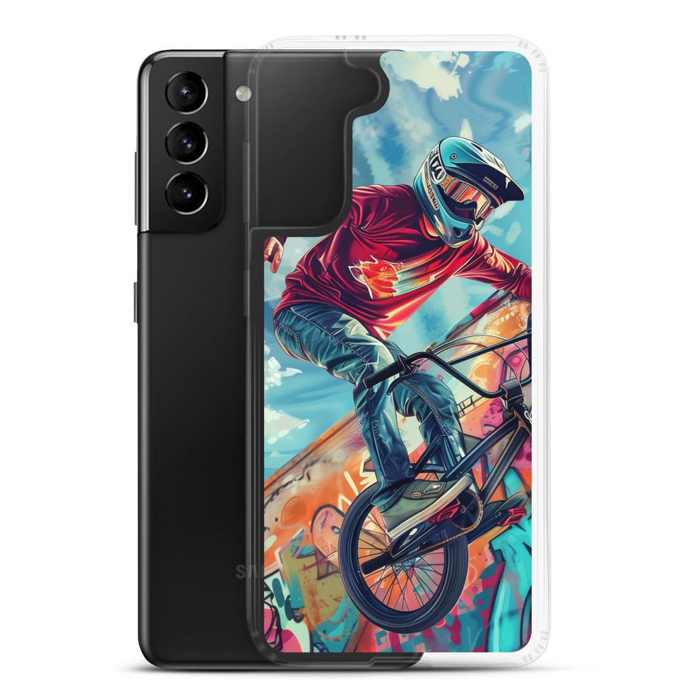 Graffiti Ride Clear case for Galaxy S21 Plus, red-top BMX rider and vivid graffiti, phone beside case on white