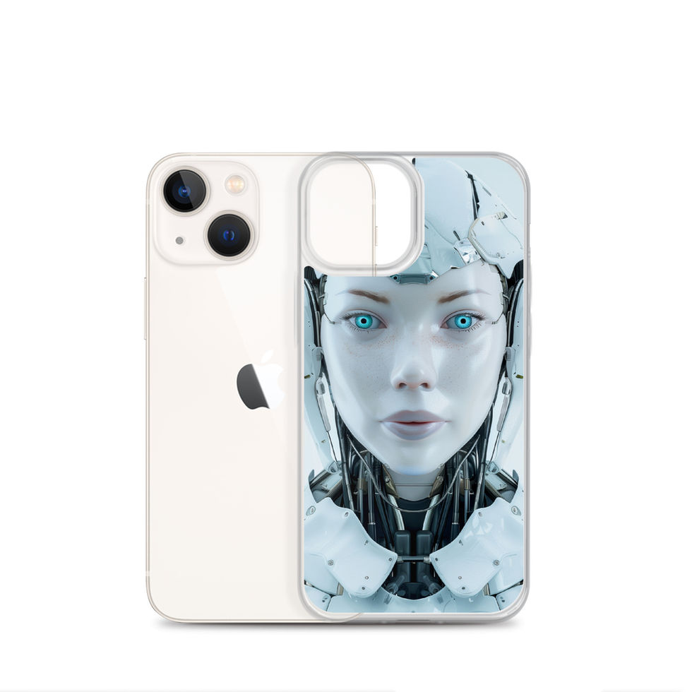Front-facing AI woman with dark neck machinery on an iPhone clear case – angled case mockup