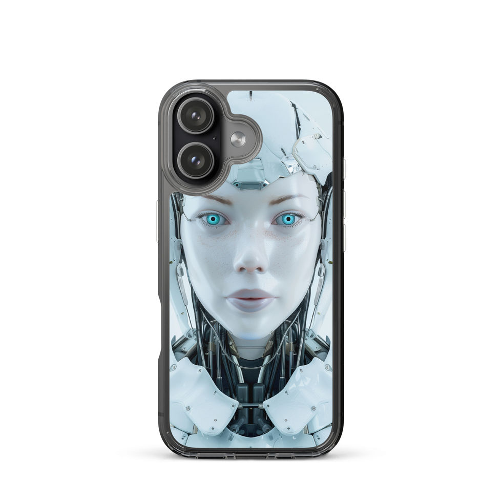 Centred robotic woman in white silver and charcoal on a clear case – fitted iPhone case view