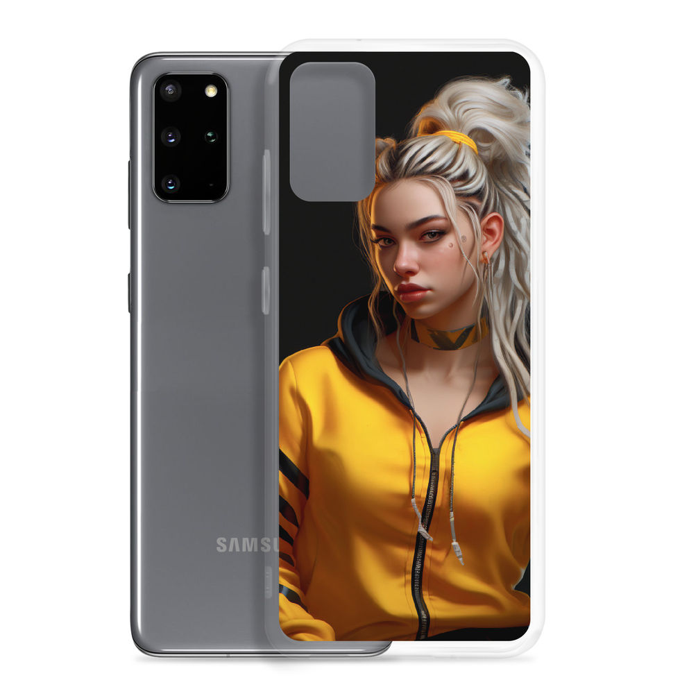 Neon Rebellion Samsung clear case with dark background behind the portrait