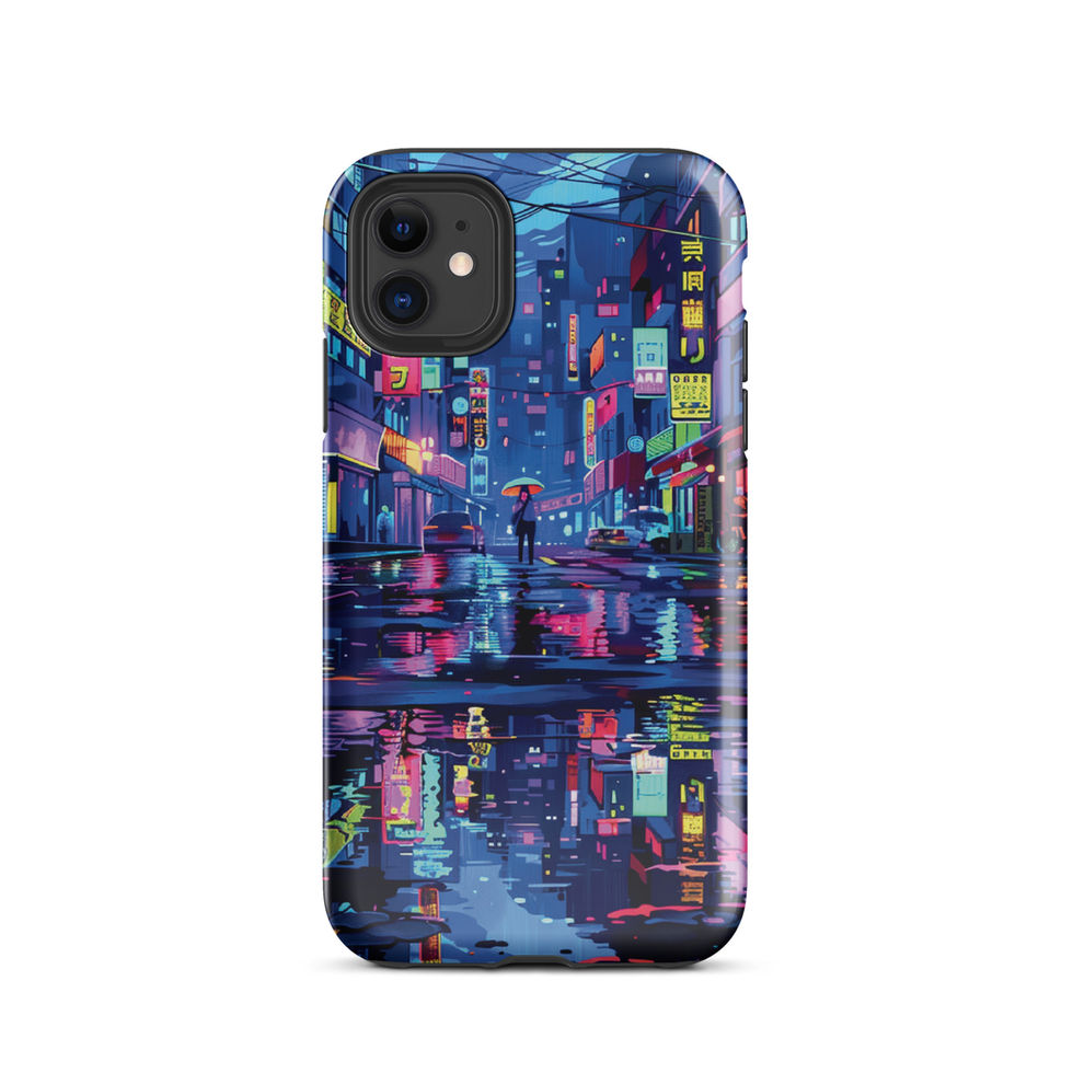 Neon Reflection iPhone tough case, rear view with multicoloured signs above blue rain reflections