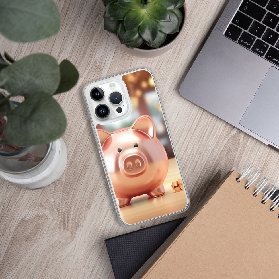 Golden Fortune clear iPhone case on a pale desk near plants and a laptop with the centred pig portrait with round nose.