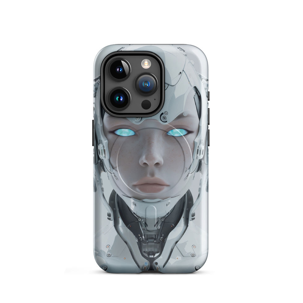 Eon Vanguard silver android with luminous aqua eyes; front product view on an iPhone® MagSafe Tough Case.