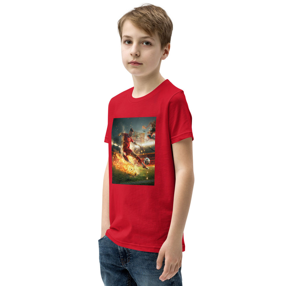 Ignite the Football: red youth short-sleeve T-shirt with a footballer amid orange flames, child turned right