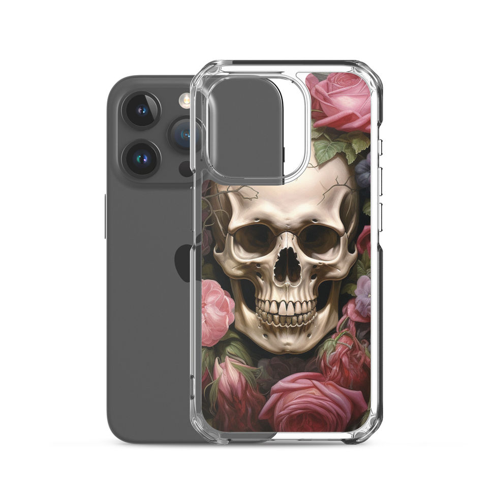 Product image of Crimson Bloom iPhone clear case showing cream skull against charcoal tones