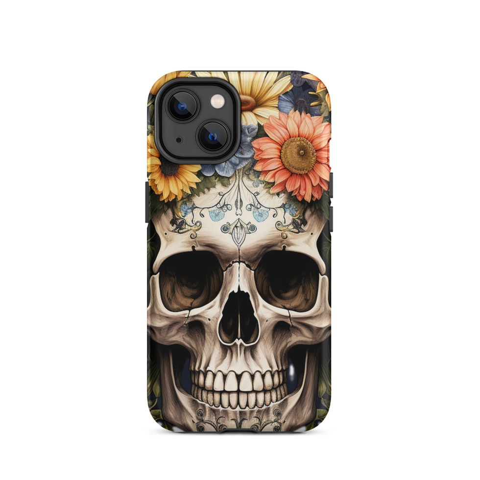 Solstice Skull tough iPhone case featuring warm flower petals contrasting with pale bone