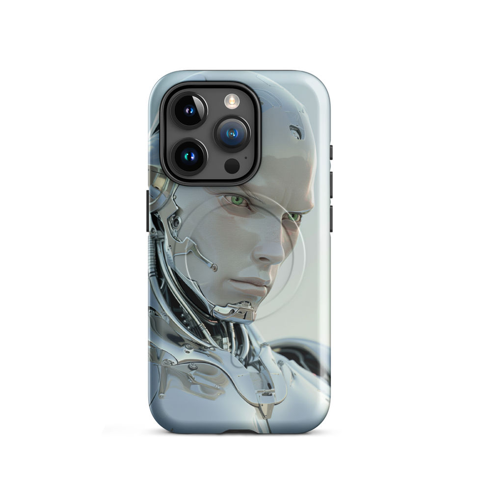 Chrome Sentinel MagSafe iPhone case — layered mechanical neck cables beside the iPhone camera opening