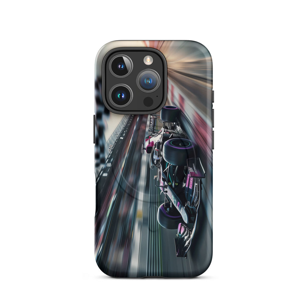 Midnight Velocity MagSafe Tough case for iPhone 16 Pro, race car and night lights, rear view on white