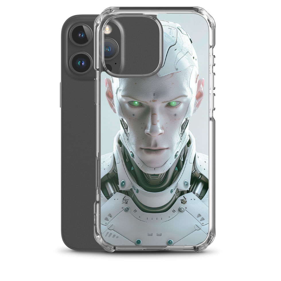 Symmetrical robot portrait with pearl-white facial armour; full artwork view on an iPhone® Clear Case.
