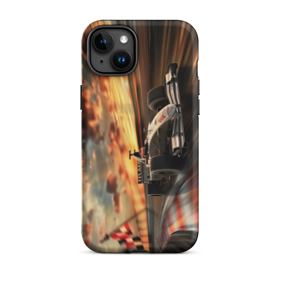 Sunset Speed Tough case for iPhone 15 Plus, dark race car on golden sunset track, rear view on white background
