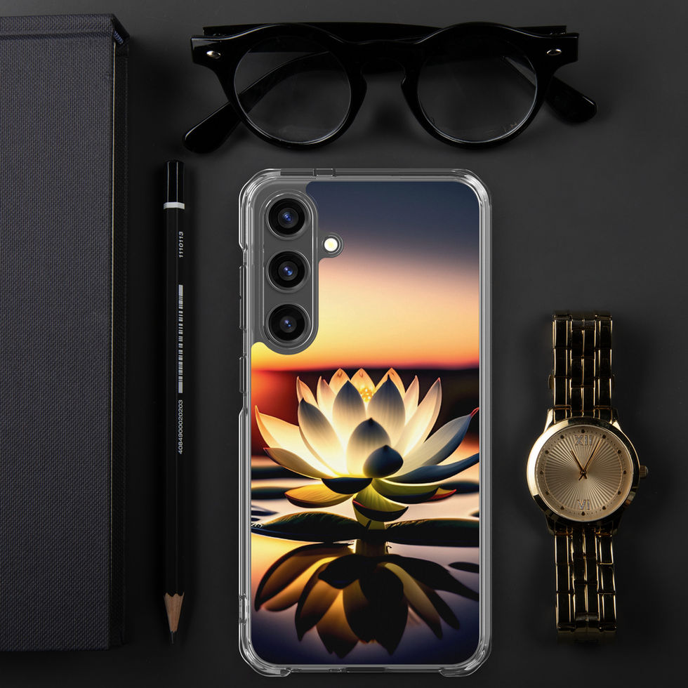 Sunlit Lotus Samsung clear case beside a watch; large lotus beneath a softly shaded sky.