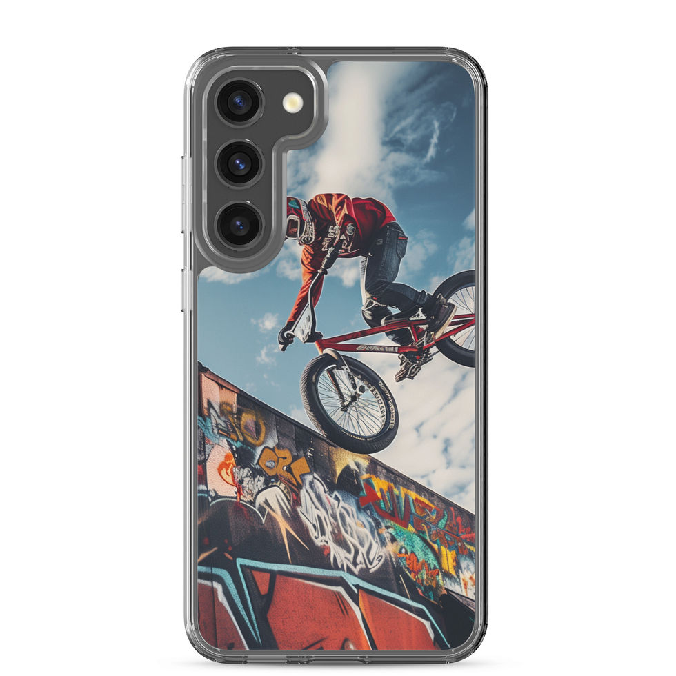 Graffiti Air Clear case for Galaxy S23 Plus, BMX rider above graffiti ramp, rear view on white