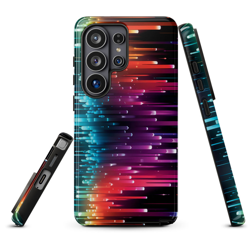 Neon Pulse protective Samsung Tough Case on a small speaker setup, featuring the glowing rainbow rhythm artwork, image 15.