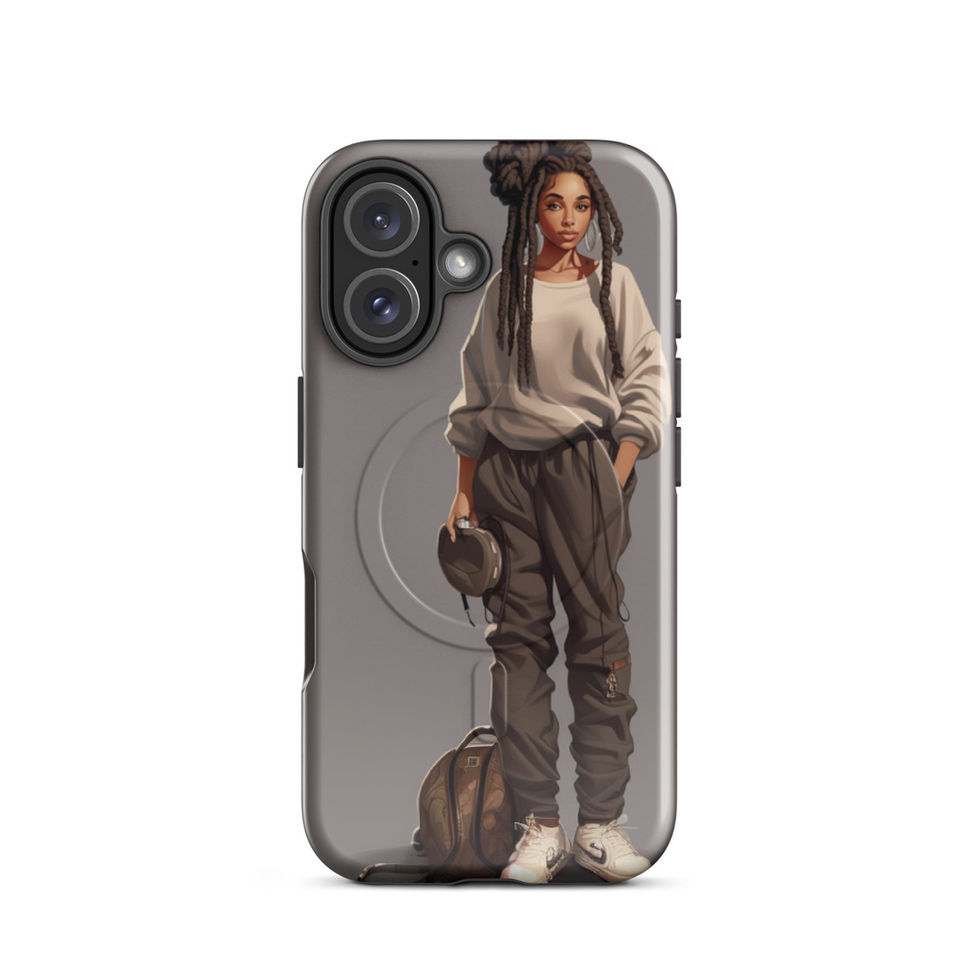 Broad iPhone 16 Plus cover showing loose sweater and relaxed joggers