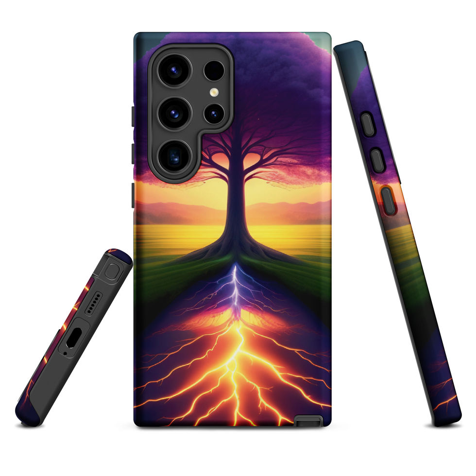 Ethereal Roots tough Samsung case with dark tree silhouette over warm sky.