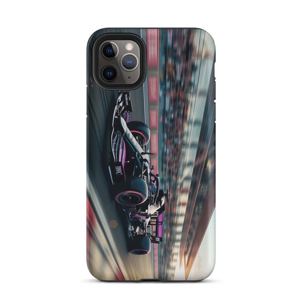Black n Purple Power Tough case for iPhone 11 Pro Max, black and purple race car artwork, rear view on white