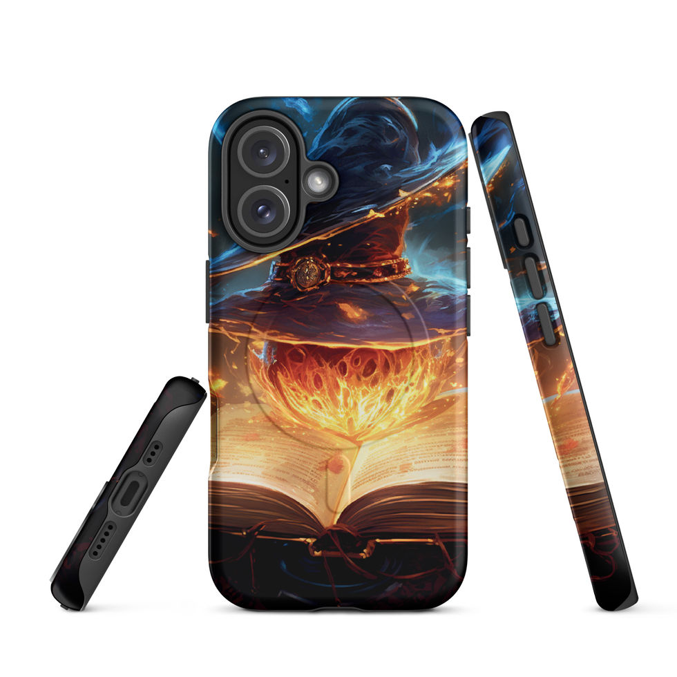 Arcane Ember MagSafe iPhone case: blue and amber light swirling over the cover, propped beside its side profile.