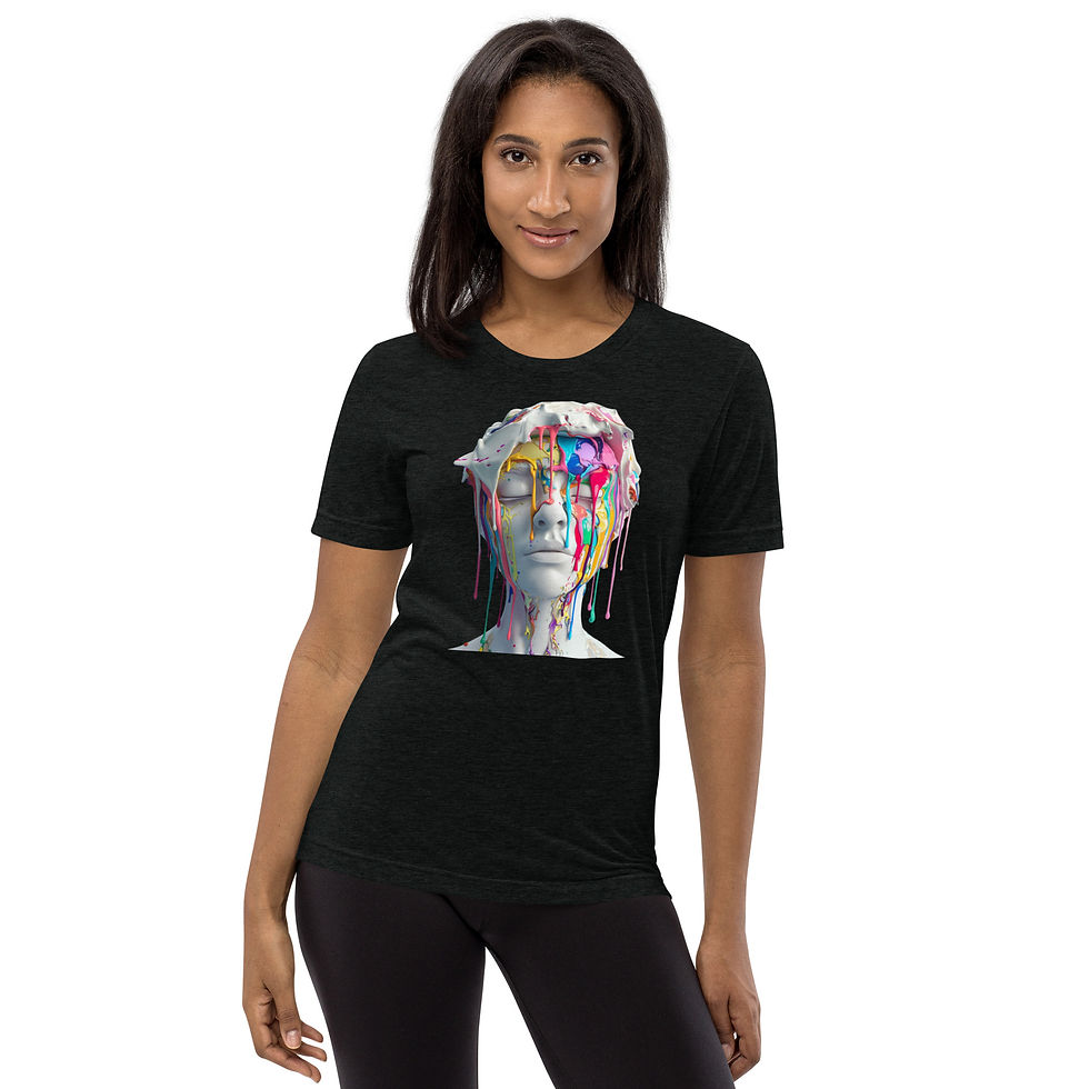 Cascading Colours: black short-sleeve T-shirt with white face with paint drips, woman standing straight