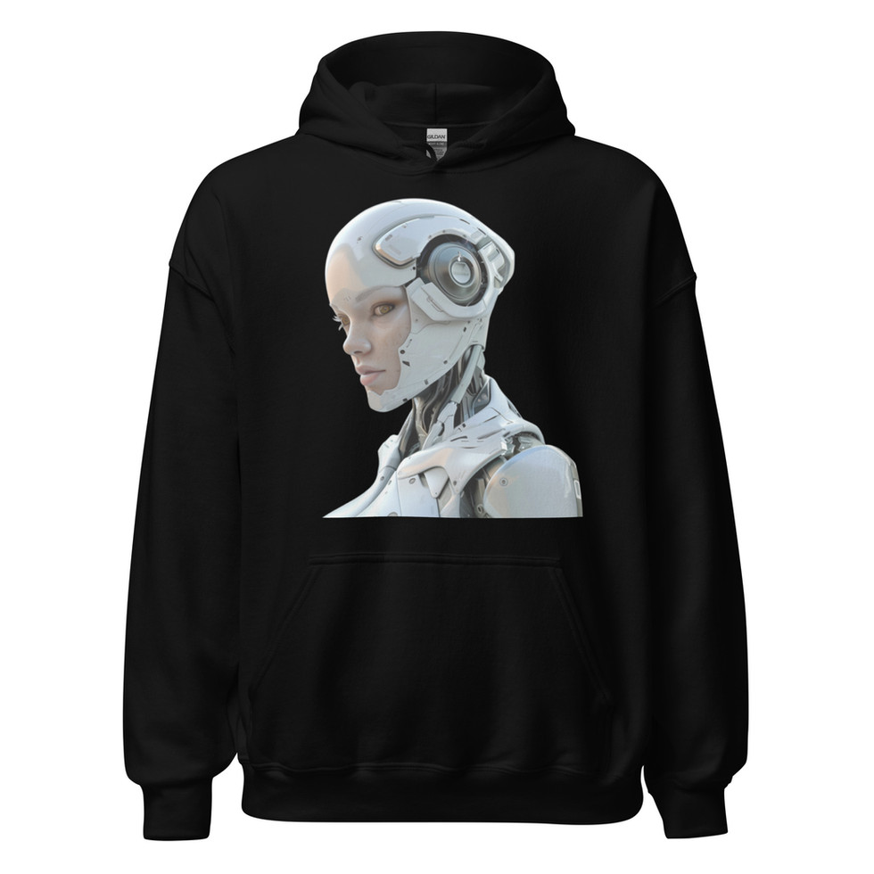 Ethereal Circuitry: black unisex hoodie with a silver robot profile with circular ear panels