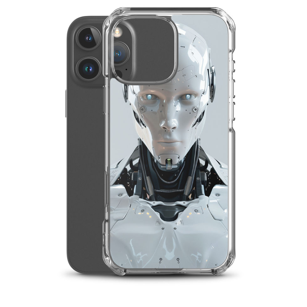 ice-blue-eyed cybernetic protector on iPhone clear protective case, protective edge detail