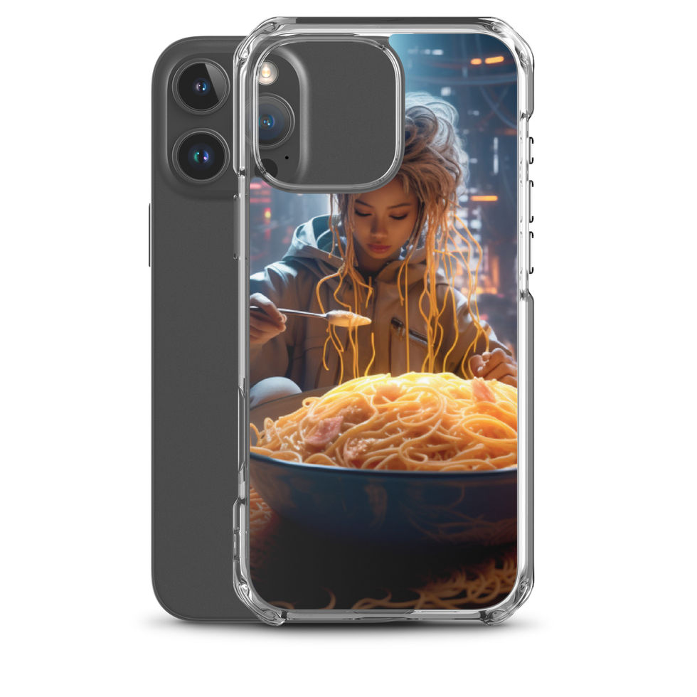 Cyber Noodle Feast clear iPhone case beside its phone, rear scene showing tangled golden strands above a bowl.