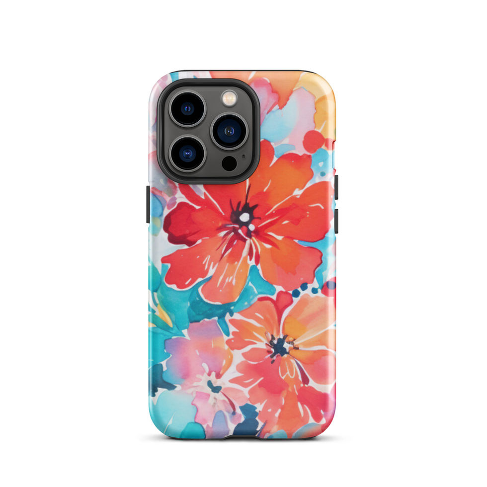 Sunset Petal Storm tough case for iPhone 13 Pro Max, front view with fiery coral and golden floral design