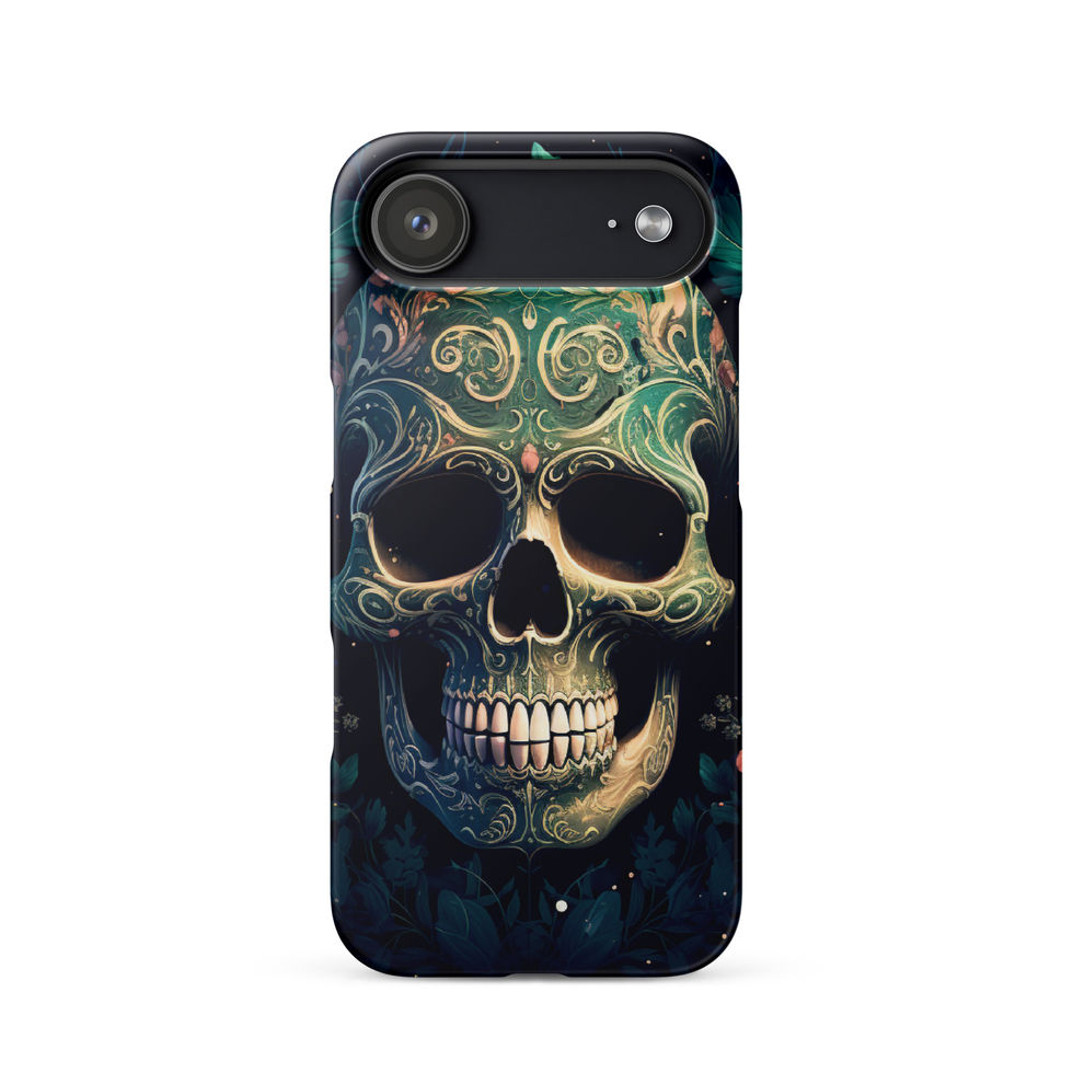 Emerald Requiem snap iPhone case showing contrasting gold teeth and shadowed eye sockets