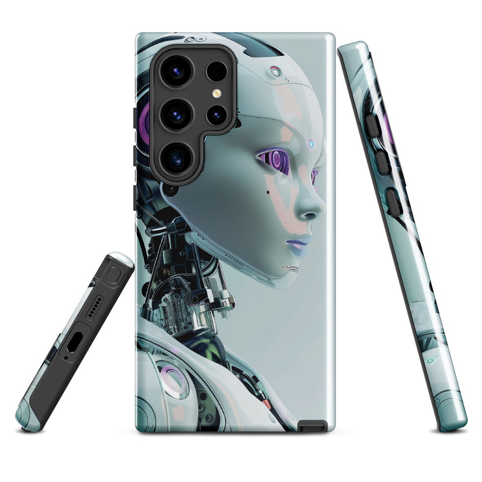 Violet-lit android machinery printed on a protective Samsung case
