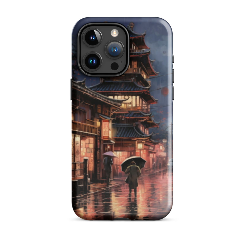 Rainy Kyoto Nights iPhone tough case, rear view of an umbrella figure in a warmly lit night scene.