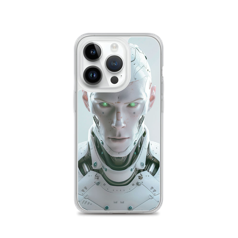 Pearl-white AI guardian with disciplined expression; angled case mockup on an iPhone® Clear Case.