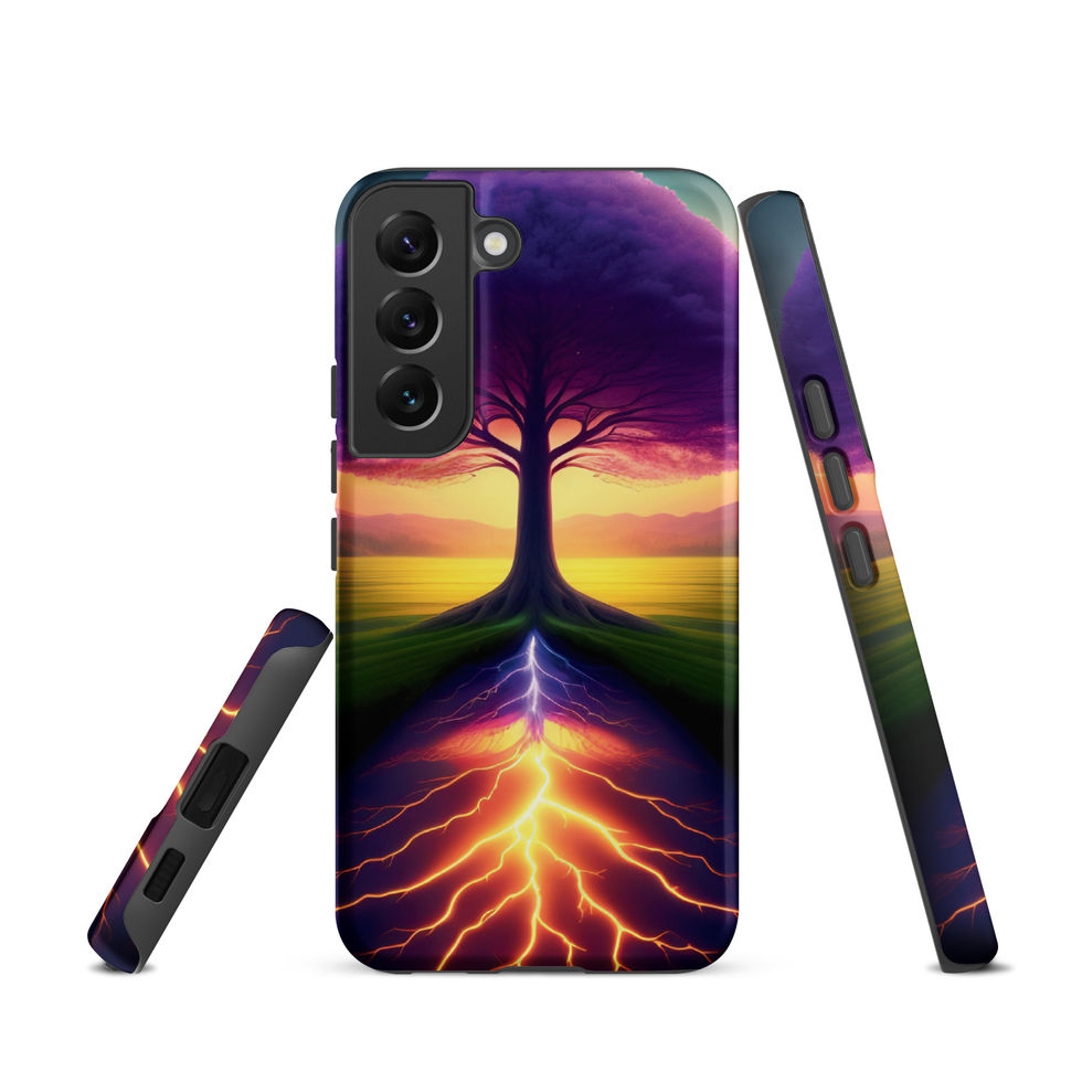 Ethereal Roots tough Samsung case with golden light between purple foliage and green ground.