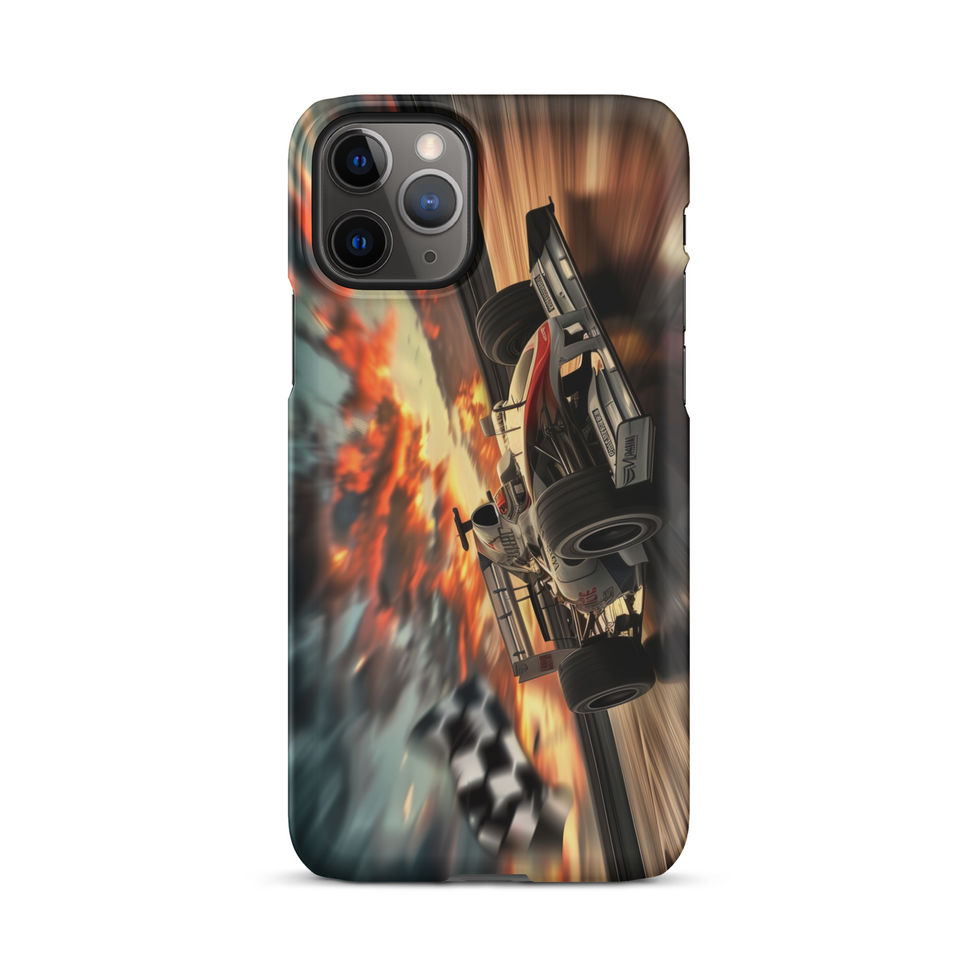 Final Lap Fury Snap case for iPhone 11 Pro, black race car and fiery flag, rear view on white