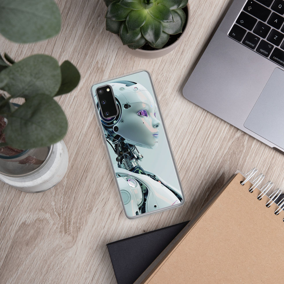Samsung clear case featuring sculpted silver android facial panels