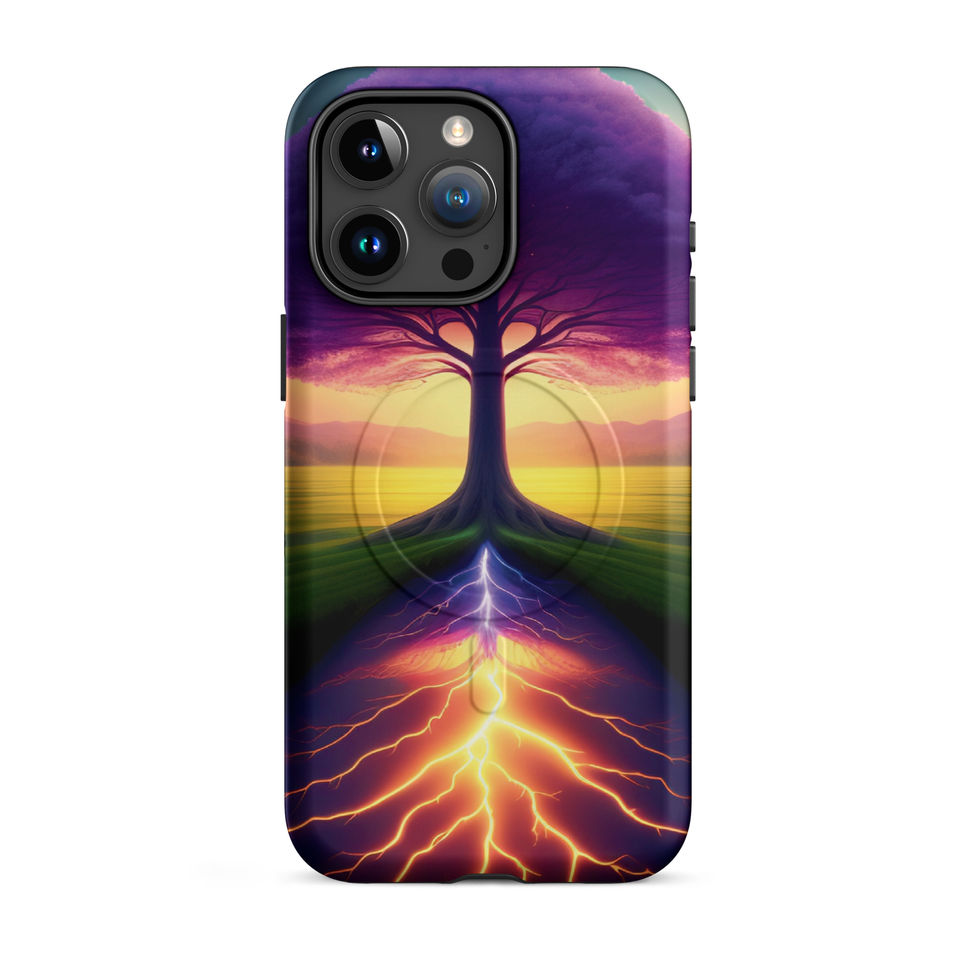 Ethereal Roots MagSafe iPhone case with golden light between purple foliage and green ground.
