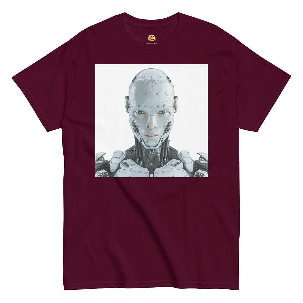 Cyber Vision: burgundy unisex classic T-shirt with silver robot portrait on a white square