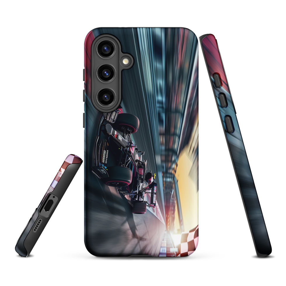 Final Lap Tough case for Galaxy S24 Plus, dark race car and blurred track artwork, rear and side views on white