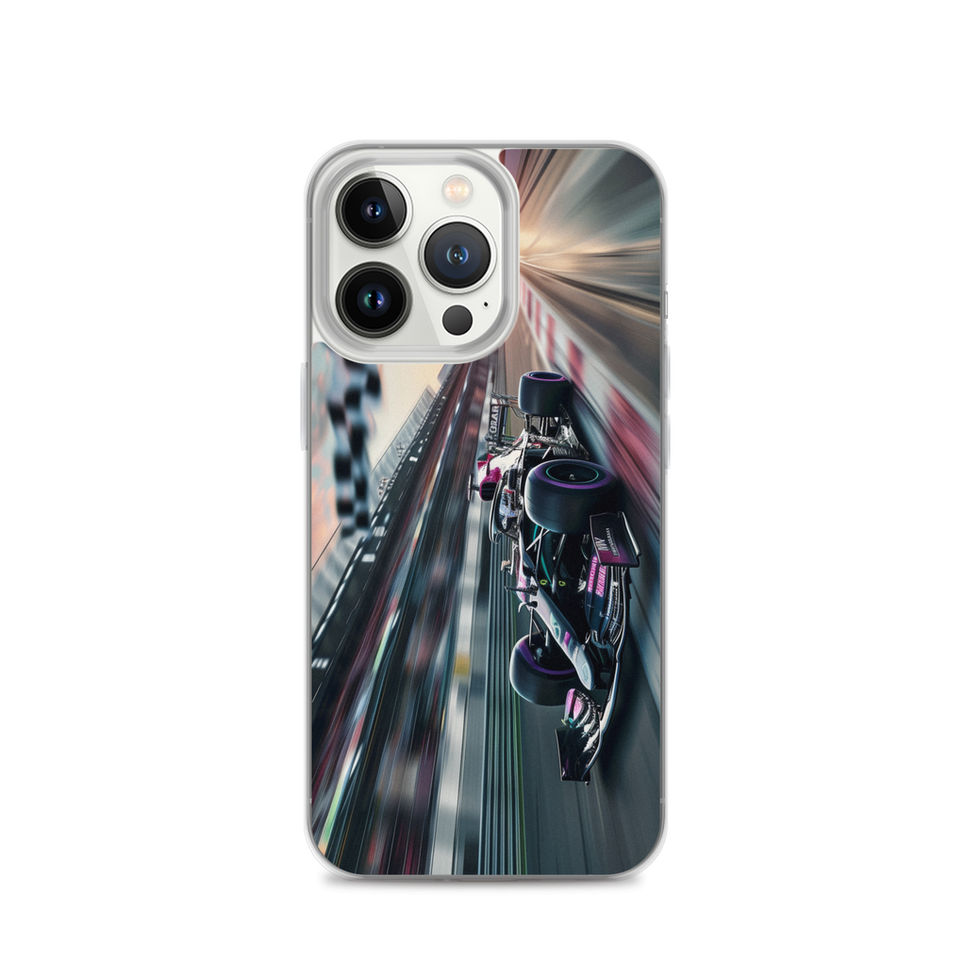 Midnight Velocity Clear case for iPhone 13 Pro, race car and night lights, phone and case on white